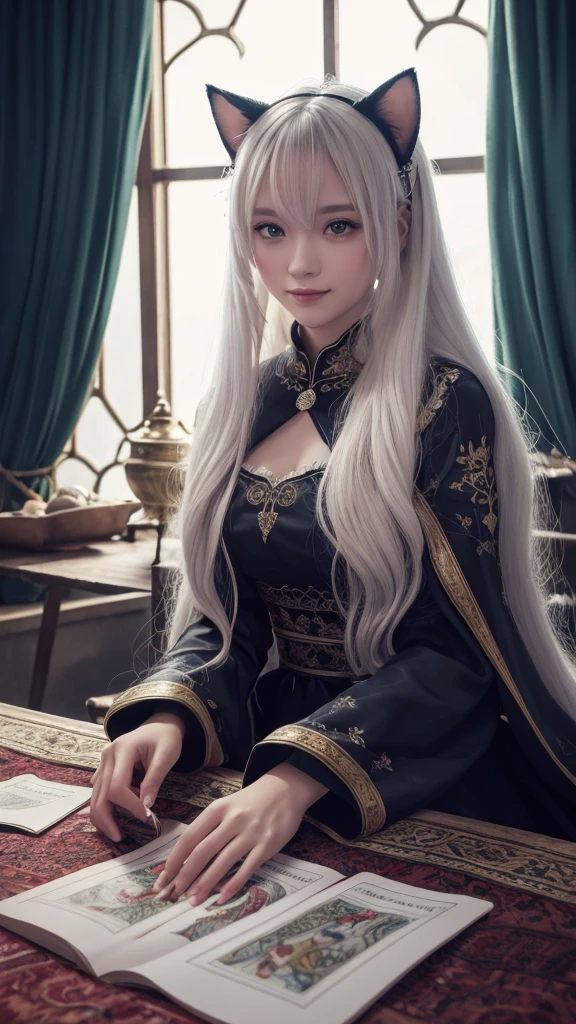 (masterpiece, highest quality, highest quality, official art, beautiful and aesthetic: 1.2), (one girl: 1.3), wavy long hair, white hair, Cat ears on the head,highly detailed portrait, highly detailed hands, looking at the viewer, alone, (whole body: 0.6), detailed background, close, shining eyes, (cold arctic winter theme: 1.1), fortune teller, Charlatan, grin, Mysterious, sitting at the table, カラフルな肩のないゆるいジプシーfortune tellerの服, holy grail, tarot cards, Crystal jade, Medieval (inner tent: 1.1) background, tent curtain on background, dark Mysterious lighting, Shadow, magical atmosphere, starry night, dutch angle, healing and guidance, transcendental beauty, fractal art, Seaweed,