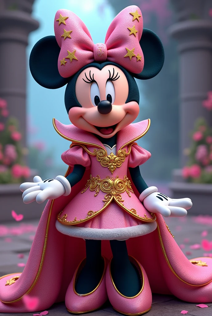 Create an image of Minnie Mouse wearing an elaborate fantasy-themed costume. Her ears should have a night sky design with gold stars and swirling patterns on a dark pink background.. Minnie's face should have her classic happy expression with bright eyes, round nose and a wide smile. Your clothing should resemble your real appearance., Predominantly pink with intricate gold embellishments. The costume should feature rich and heavenly patterns., with a high collar and a luxurious cape draping behind it. The overall aesthetic should be magical and majestic., making Minnie look like a character from a fantasy kingdom.