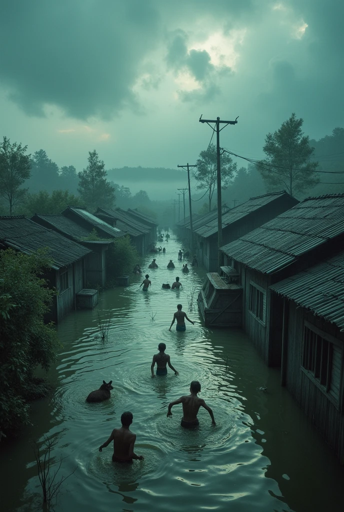 A village is sunken into water is captured from drone camera and sky is covered with claud and thundering sometime. Wild animal and human being is trying to save themselves from flood. Coops is being seen around house
