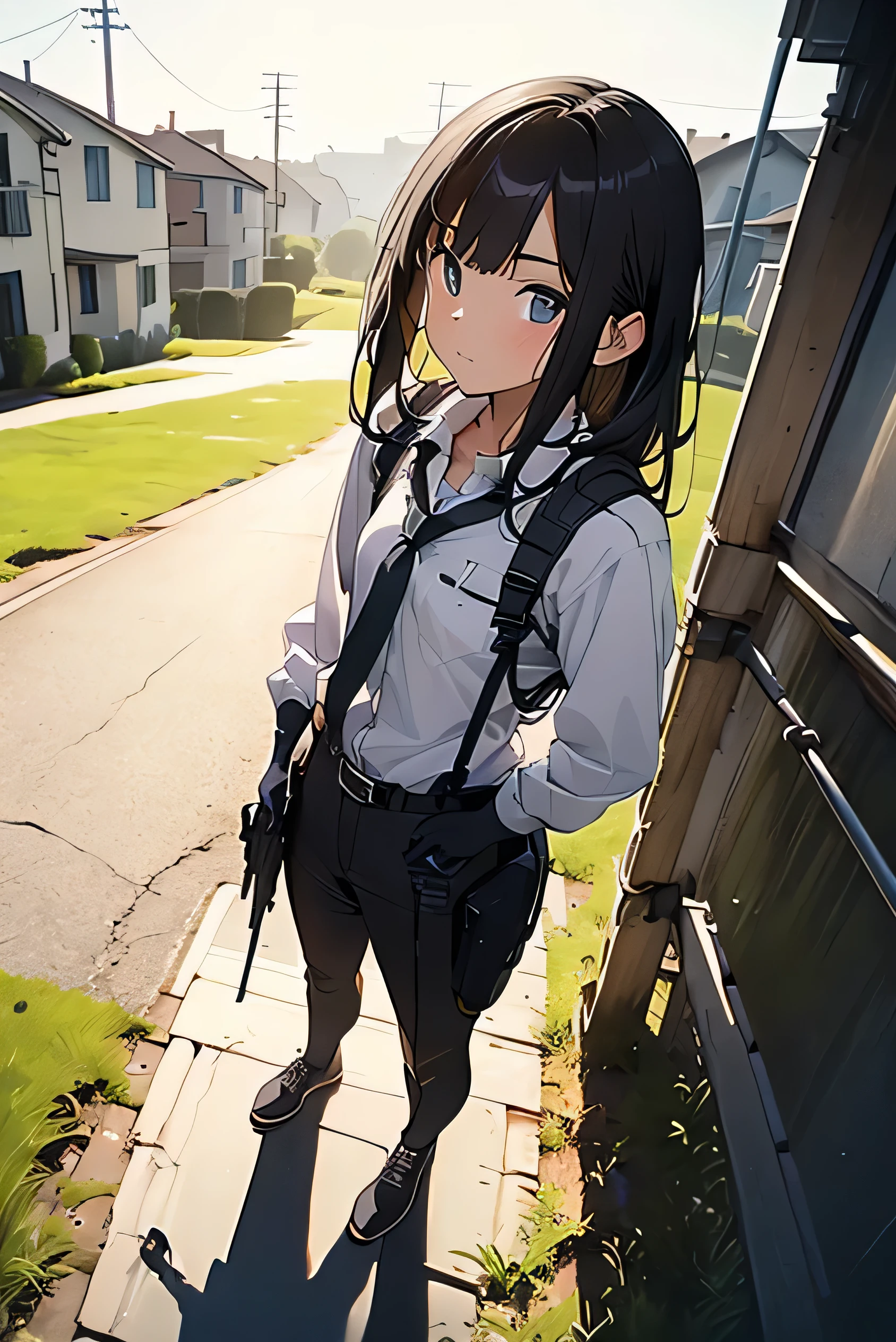 high quality, masterpiece, Ultra-high resolution, (realism: 1.4), Oil painting style, Cinema Lighting, An endless grassland dotted with a few houses, I stood on the empty asphalt road and looked at it.., Fairy Mountain々Shrouded in fog, And suspenders with flying cranes Medium chest Small face holster Lying in bed look up Sweat belt summer 脇Sweat Black Hole Gloves suit shirt Black jacket Black trousers Leg Links ズボンにbelt holster fold your hands behind your back Anxious expression look up Anxious face