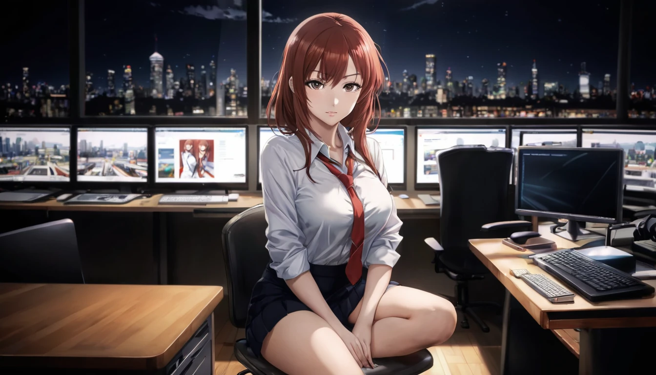 anime girl sitting on a chair in front of a computer desk, seductive anime girl, smooth anime cg art, 4k anime wallpaper, digital anime art, attractive anime girl, anime style 4 k, kurisu makise steins gate anime, cyber school girl, anime best girl, digital anime illustration, beautiful anime high school girl, anime girl desktop background