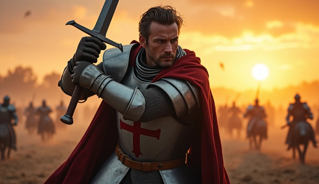 Prompt:
(masterpiece, best quality:1.5), (focused on the protagonist), (shorter hair, rugged and battle-worn face), medieval knight, cross-emblazoned armor, sword raised high, about to strike down with powerful force, dynamic pose, intense expression, battlefield, sunrise casting dramatic light, dust and debris in the air, cinematic lighting, epic atmosphere, (front view, centered, full-body shot)
Negative Prompt:
(worst quality, low quality:1.4), blurry, lowres, (greyscale, monochrome:1.2), (lion face, car:1.5)