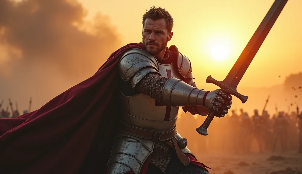 Prompt:
(masterpiece, best quality:1.5), (focused on the protagonist), (shorter hair, rugged and battle-worn face), medieval knight, cross-emblazoned armor, sword raised high, about to strike down with powerful force, dynamic pose, intense expression, battlefield, sunrise casting dramatic light, dust and debris in the air, cinematic lighting, epic atmosphere, (front view, centered, full-body shot)
Negative Prompt:
(worst quality, low quality:1.4), blurry, lowres, (greyscale, monochrome:1.2), (lion face, car:1.5)