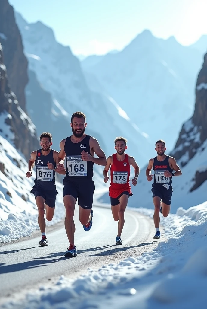 Just create a image's of Running group 0f 4 people in a marathoner road in hilly and snow area