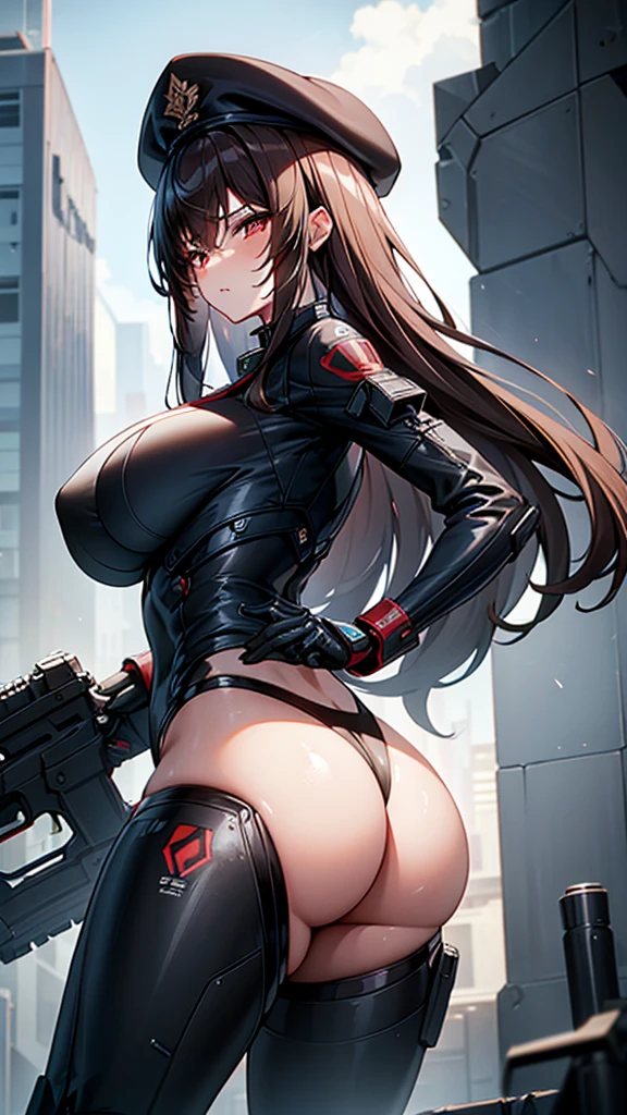 high resolution、Detailed drawing、Beautiful background、NOD、Lapi、cute、sexy、Black Beret、(Brown Hair、semi-long、Straight Hair)、Black and crimson military uniform、Black leotard、One Girl、(rifle、Gun of the Future)、Strengthen the outer frame、Big Ass、Big Breasts、Revealing clothing、Random cool poses、Fighting Pose、Android、Mechanical Body、(Futuristic sci-fi background、A giant combat robot in the background)、Troubled face、blush