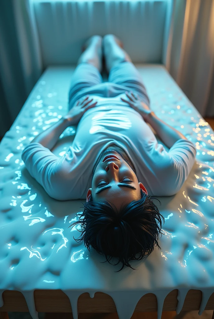 Shawn mendes laying on his back on top of a table covered in white slime