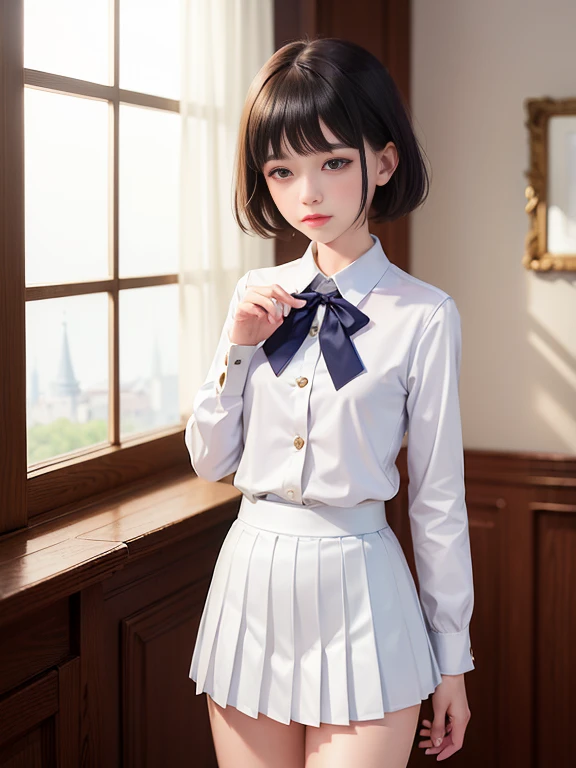(masterpiece、Highest quality:1.7)、(:1.5)、(Above the knee shot:1.5)、Bobcut、Black Hair、85mm、16K、Official Art、RAW Photos、Best Beautiful Faces、Close-up、Violet、Gardenia、((The best beautiful girl、very cute))、Red blush on cheeks、indoor、(Are standing:1.8)、Film Grain、Chromatic Aberration、Sharp Focus、(((Nice hands、Perfect hands、Perfect Fingers、Thin and delicate fingers、A perfect body without flaws)))、Detailed face、(Slender body:1.5)、(Slender body:1.4)、(Slim upper body:1.4)、(Small breasts:1.8)、(Let your bangs hang down:1.8)、(Blushing:1.8)、(Low contrast lighting:1.2)、(White tight business blouse with collar:1.5)、(White bow tie blouse:1.4)、(Long sleeve: 1.3)、(A very short white pleated mini skirt with buttons down the front:1.8),(Holding his chest with his palm:1.5)、Low angle from below