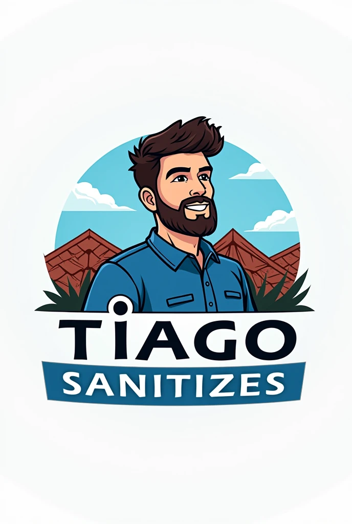 logo of an upholstery and roof cleaning company. 
write the name of the logo in Portuguese pt: tiago sanitizes having a bearded man sofa and roofs