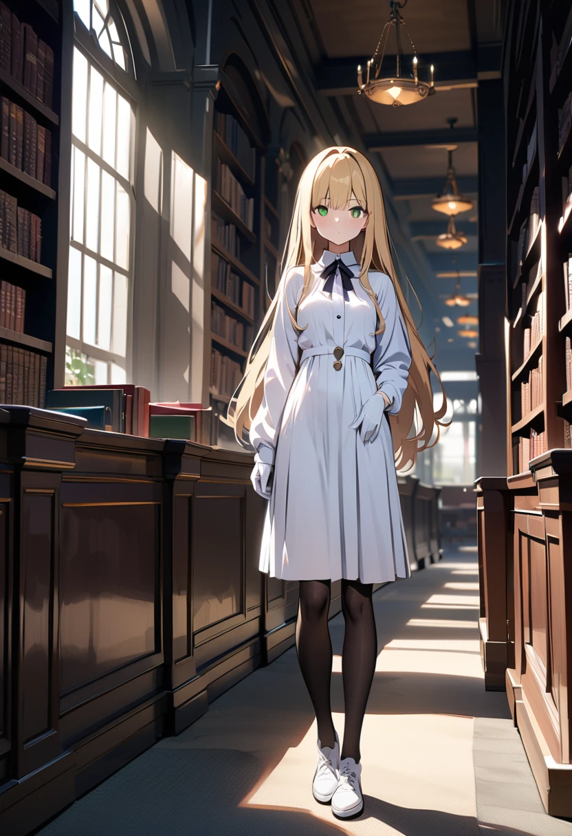 (best quality, masterpiece), uhd, textured skin, super detail, high quality, 1 woman, alone, doll human, library, white dress, long sleeves ,long hair, blond hair, Green eye, looking at viewer, whole body, small breasts, expressionless, black stockings, White shoes, Eyes without pupils, white gloves, tall