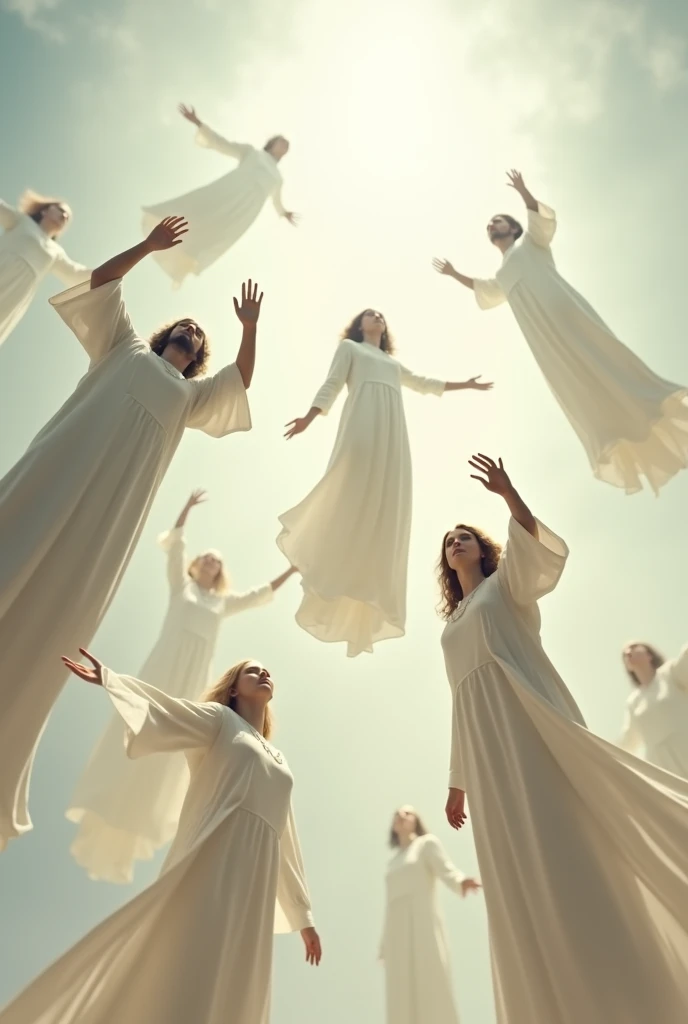 Create men and women dressed in white robes flying upwards and with hands raised towards the sky seen from below
