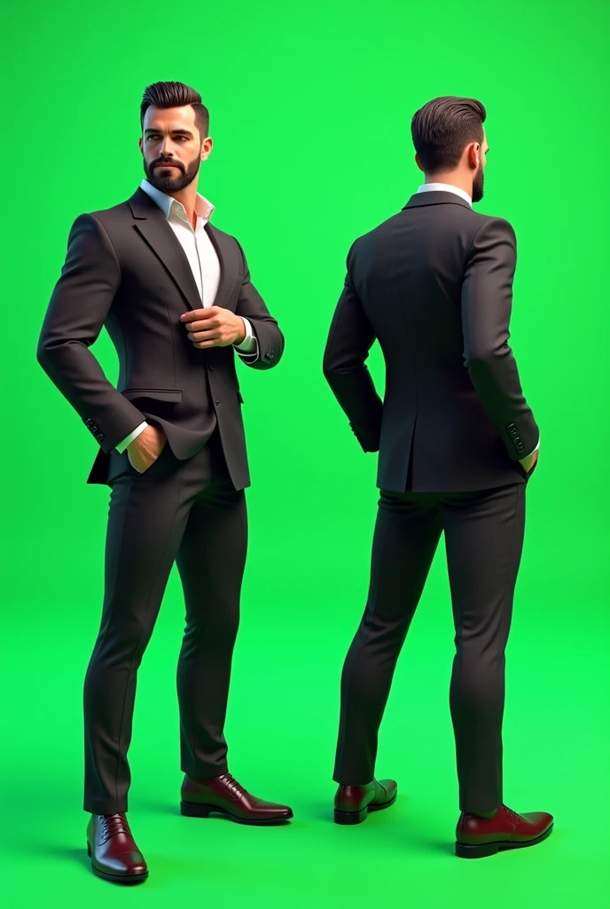 Can you make 3d pose character in pubg mobile like a game survey front and back green screen background and the theme is debonair male  