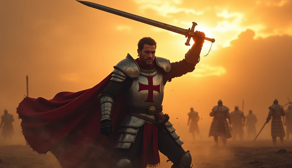 (masterpiece, best quality:1.5), (focused on the protagonist), (shorter hair, rugged and battle-worn face), medieval knight, cross-emblazoned armor, sword raised high, about to strike down with powerful force, dynamic pose, intense expression, battlefield, sunrise casting dramatic light, dust and debris in the air, cinematic lighting, epic atmosphere, (front view, centered, full-body shot)