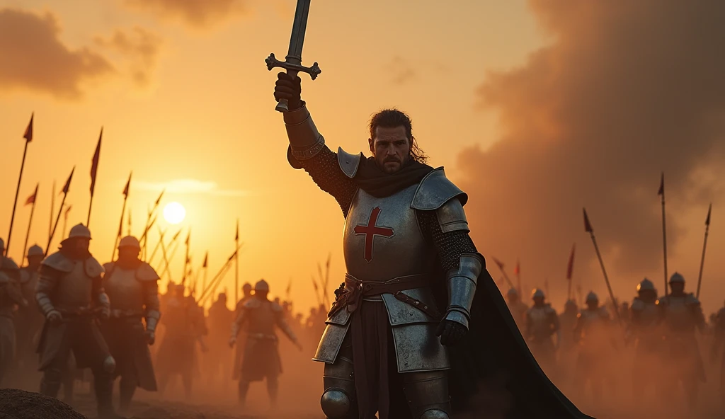 (masterpiece, best quality:1.5), (focused on the protagonist), (shorter hair, rugged and battle-worn face), medieval knight, cross-emblazoned armor, sword raised high, about to strike down with powerful force, dynamic pose, intense expression, battlefield, sunrise casting dramatic light, dust and debris in the air, cinematic lighting, epic atmosphere, (front view, centered, full-body shot)