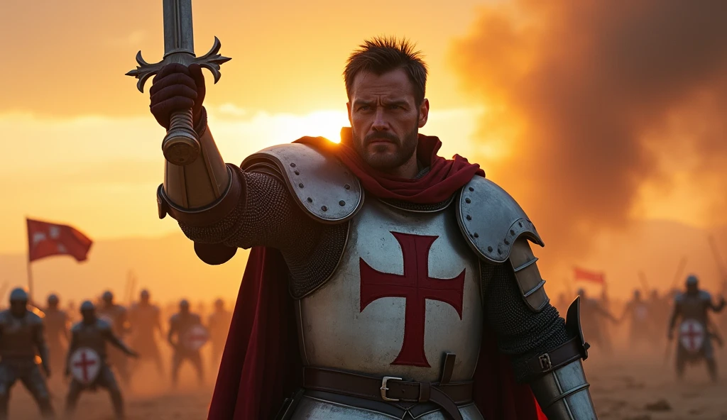 (masterpiece, best quality:1.5), (focused on the protagonist), (shorter hair, rugged and battle-worn face), medieval knight, cross-emblazoned armor, sword raised high, about to strike down with powerful force, dynamic pose, intense expression, battlefield, sunrise casting dramatic light, dust and debris in the air, cinematic lighting, epic atmosphere, (front view, centered, full-body shot)