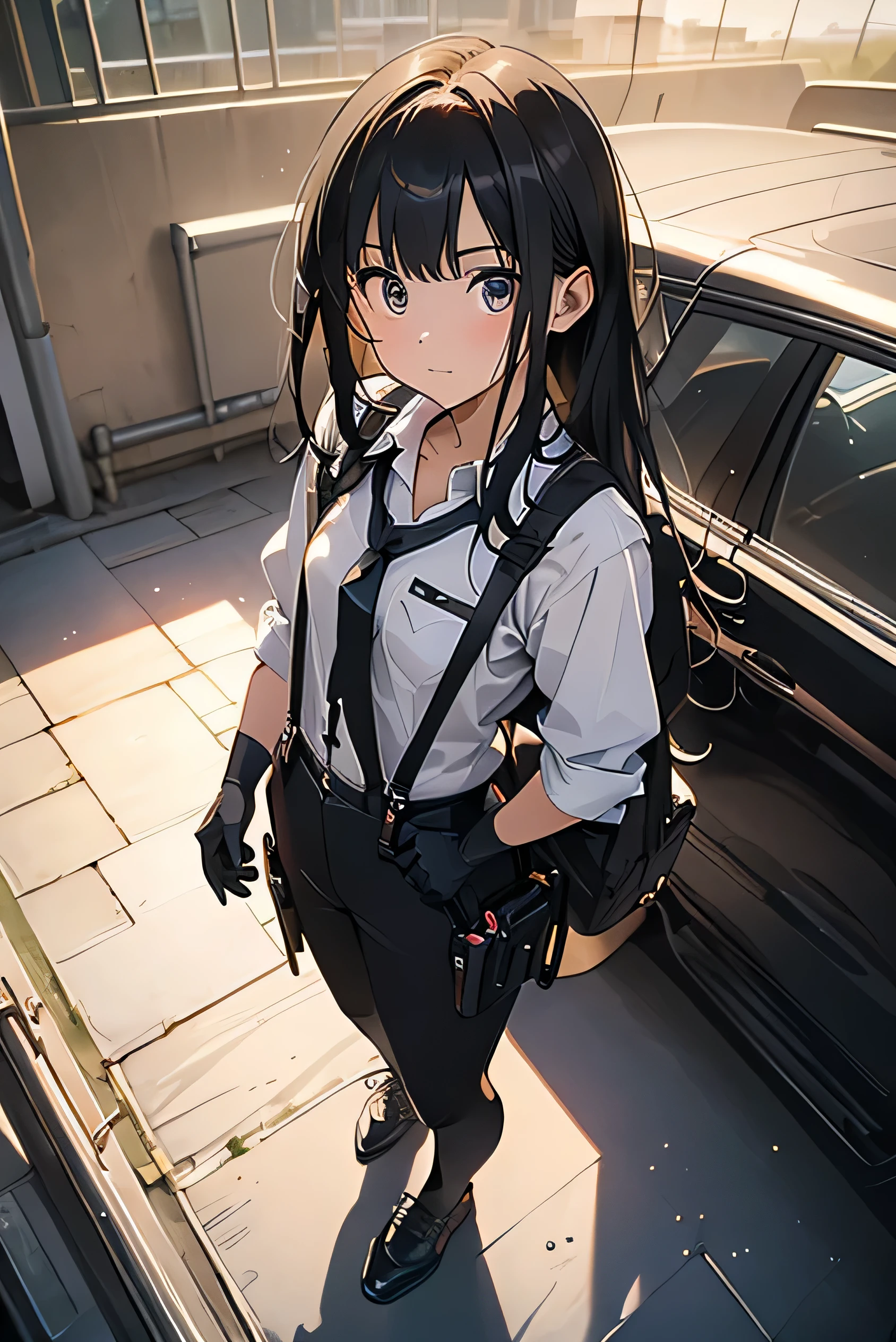 high quality, masterpiece, Ultra-high resolution, (realism: 1.4), Oil painting style, Cinema Lighting, An endless grassland dotted with a few houses, I stood on the empty asphalt road and looked at it.., Fairy Mountain々Shrouded in fog, And suspenders with flying cranes Medium chest Small face holster Lying in bed look up Sweat belt summer 脇Sweat Black Hole Gloves suit shirt Black jacket Black trousers Leg Links ズボンにbelt holster fold your hands behind your back Anxious expression look up Anxious face