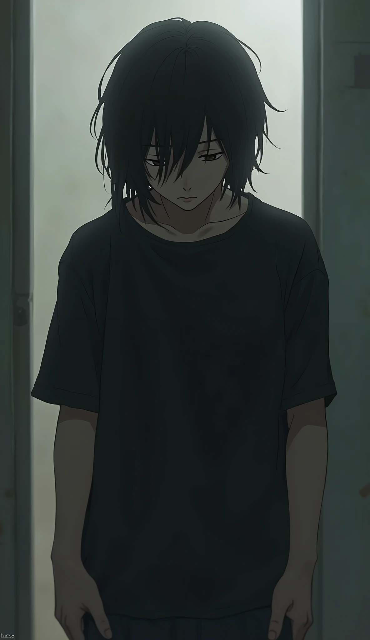 Boy with depression、Japanese、Long Hair、Black T-shirt、Look down