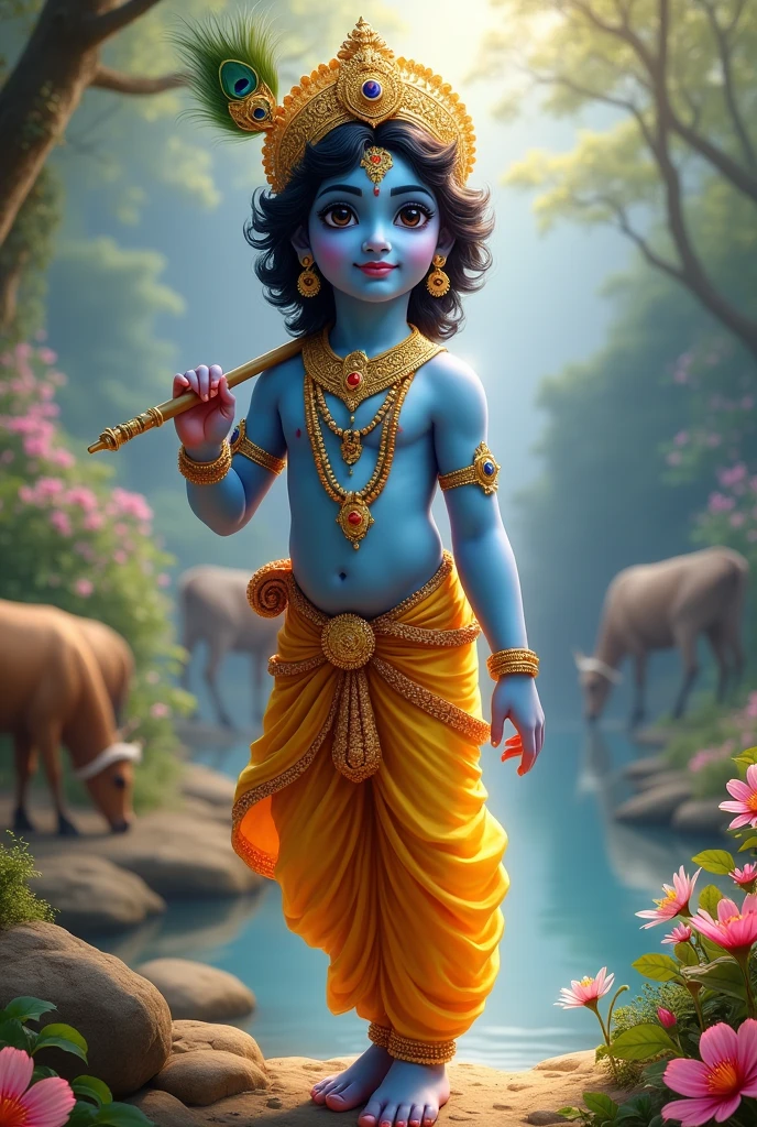"Create a stunning image of Lord Krishna, the handsome and divine Hindu god. He should be depicted with a serene and enchanting expression, with smooth, radiant blue skin. His eyes should be large, expressive, and captivating, conveying a sense of love and wisdom. Krishna should be adorned in traditional attire, wearing a golden crown decorated with peacock feathers, and a yellow dhoti. His body should be adorned with gold jewelry, including necklaces, bracelets, and anklets. He should hold a flute gracefully in one hand, symbolizing his connection to music and love. The background should feature a lush, vibrant landscape with the Yamuna River, blooming flowers, and grazing cows, reflecting the beauty of Vrindavan. The overall atmosphere should be divine, peaceful, and ethereal, with soft, glowing light surrounding Krishna."