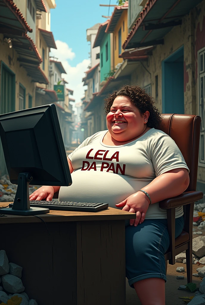 an extremely obese white woman in front of the computer in the favela with a shirt that says lela da pan and laughing
