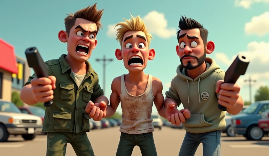 Im Stil von Pixar 3D-Animation filmen (Caricature). Three young men stand in the parking lot of a Mc Donalds. All three have a small club in their hand and look daring and aggressive.
The first man is slightly taller than the others and wears camouflage clothing. 
The second is slightly smaller, has short blonde hair and a crazy look, he is wearing a dirty undershirt.
The third man has short black hair and a narrow black beard, he wears a hoodie.