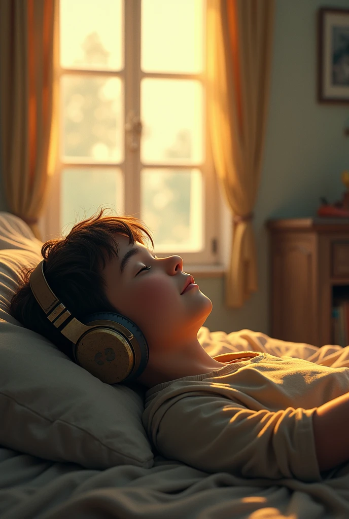 An image where a boy is lying down with old headphones and at the same time there is a window where a lot of light can be seen