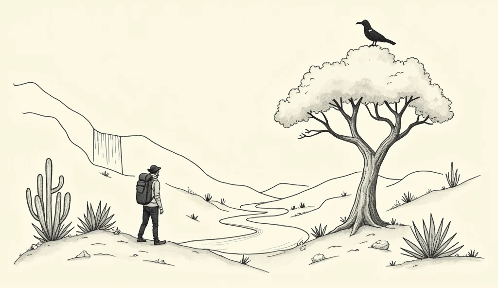 Minimalist drawing of the Colombian tropical dry forest with just 4 elements: on the tropical dry forest with 4 elements, 1 hiker starting a trail next to a cactus, 2 the path the walker takes 3 a waterfall in the middle of nature. 4 a bird on a ceiba tree in the tropical dry forest.