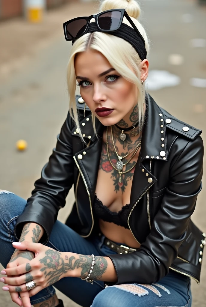 Anglosaxon old woman, , blonde platinum hair (beehive bun, black parsley headband), with very light green eyes, extremely pale. .Wearing oversized square black maxisunglasses as headband. Wearing studded cropped black moto jacket (verical zippers on the sides, skull badges on sleeves). Black lace push up bra, skinny blue jeans with holes. Silver Chelsea boots with cuban heels. Lots of thick wide studded bracelets, chain collars and big rings. Tacky wide studded leather belt, with big skull and bones round buckle. Long earrings with chains. Squatting , looking at the photographer. Craving heavily. Hands on knees. Waste and trash all over the floor. Her studded leather bag, thron away. Looking at the camera, chin up. Toned abdominals, thin neck, slim legs and thin arms. Neck, chest, belly, hands and arms completely tattoed. Dirt road of Nairobi after the rain, puddles on the ground, crowded with muscular shirtless men in jeans, street full of puddles, discarded food and fruitsgarbage. Her studded black leather bag is a few metres behind her