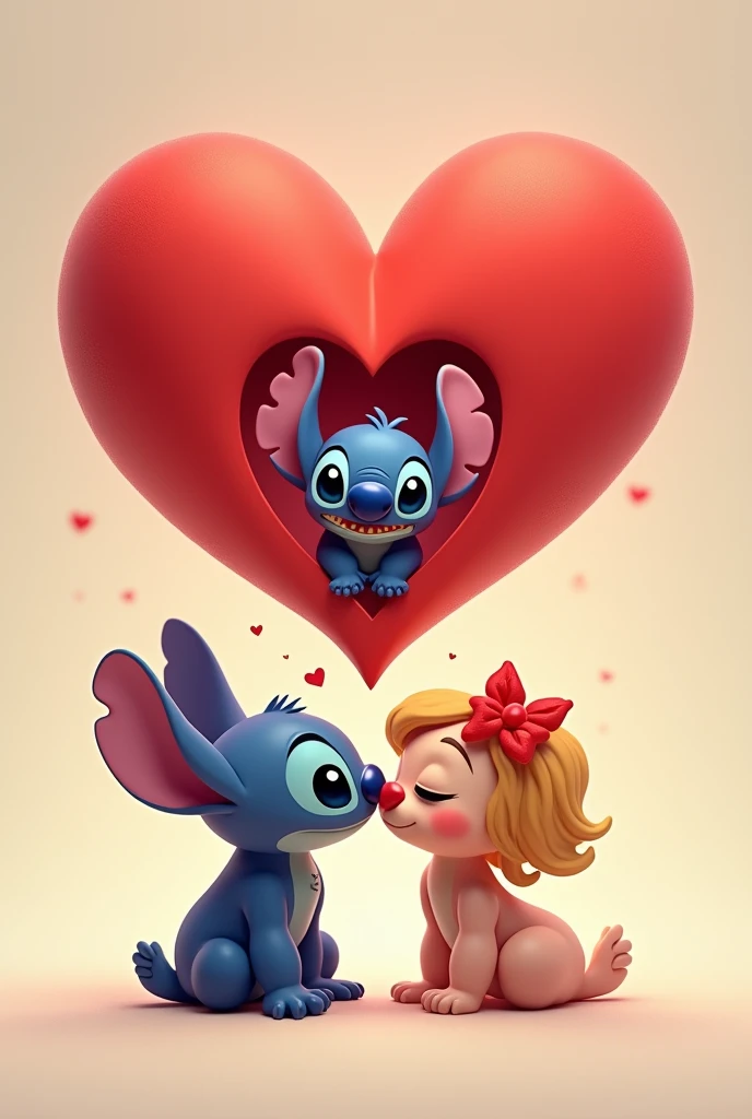Stitch et Stitch rose sont côte à côte et un énorme coeur rouge est au dessus d'eux. A l'intérieur de ce coeur il y a un bébé Stitch qui regarde ses parents