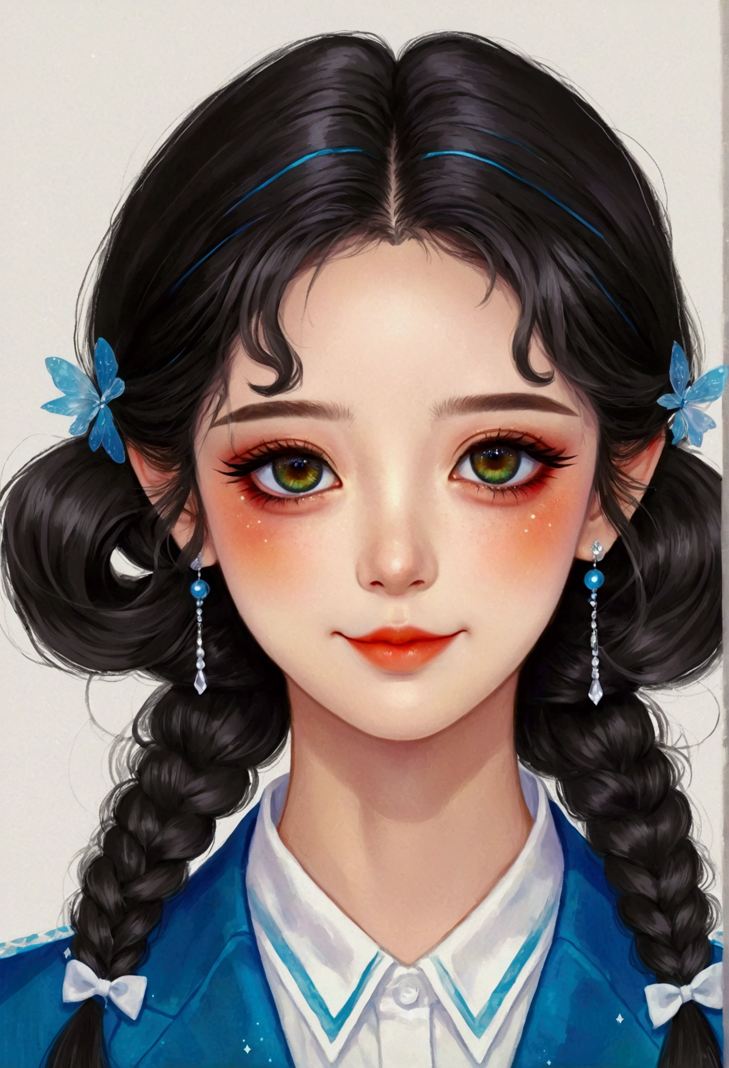 Detailed digital anime art,Cute digital illustration,Anime style girl portrait,Smile,solitary,symmetry,Gradient hair,Colorful big eyes,Fashionable and exquisite facial features,Exquisite makeup,High Ponytail,Clean and simple background