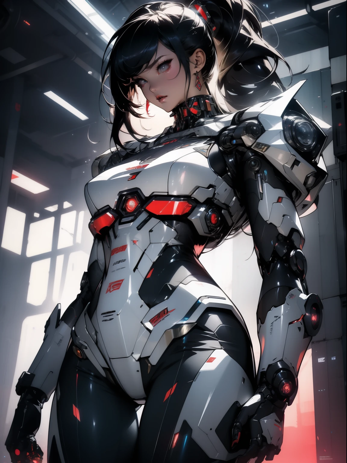 A powerful adult woman in a mega-detailed mecha suit, heavy weapons, Cyberpunk Ballads, High-tech graphics throughout the costume, Highest quality, masterpiece, Sexy pose, Perfect body、Beam Shot Rifle、Beam Tomahawk、3x missiles、6x Funnels、 Diffusion mega particle cannon