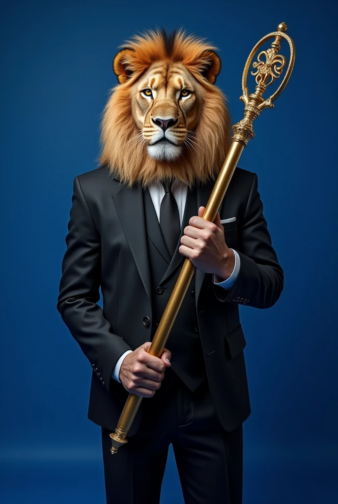 Create an image of a lion in a black suit with the Chelsea football club symbol on the chest in small size . The lion is holding a long golden staff . Full blue background. 4k ultra realistic