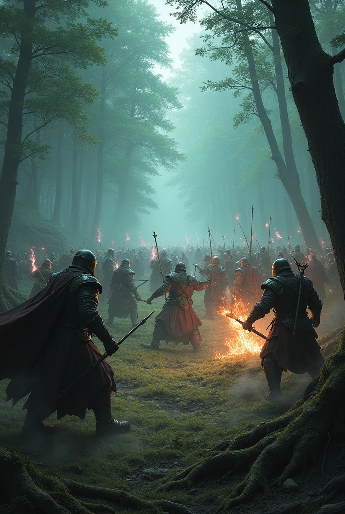 intense battle between elf wizards, humans and orcs, in a dense forest at dusk with a mist hanging in the air