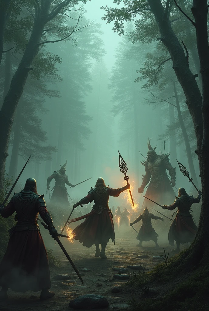 intense battle between elf wizards, humans and orcs, in a dense forest at dusk with a mist hanging in the air