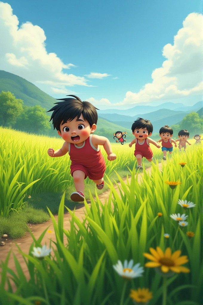 Picture of fat children being chased by monkeys in the rice fields 
