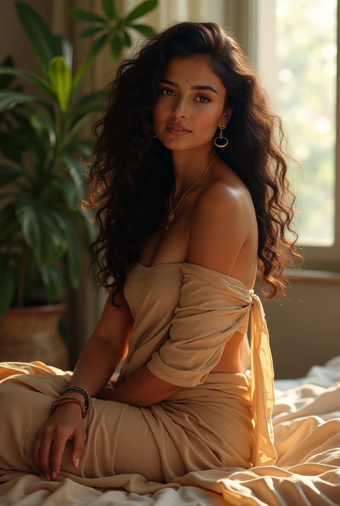 (photorealism:1.2), hot indian beautiful woman age 44, sitting on bed, wearing loose off-shoulder saree, big boobs, backless blouse, necklace long curly hair, indoors, soft lighting, plants in background, window with sunlight, cozy room, relaxed pose, realistic, intricate details, warm colors, by Greg Rutkowski, by Alphonse Mucha