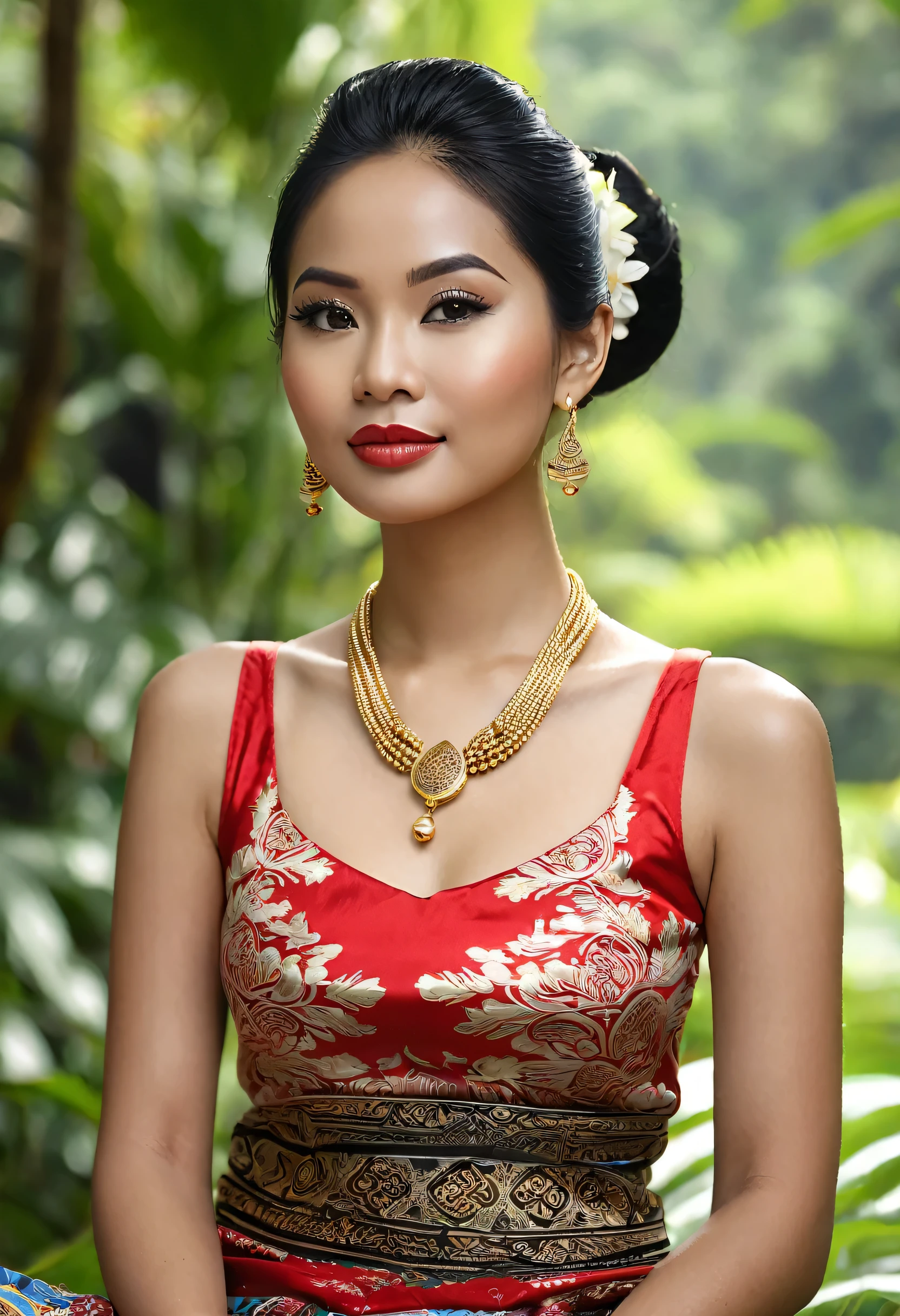 Create extremely realistic images. Indonesian Javanese woman, 2, round face, beautiful, elegant. long straight hair, In the little bun on her head, Wear a red silk tank top., Plump breasts, wearing a gold necklace, like the queen of java. White batik belt with intricate pattern, Wear a white batik sarong., A very complicated black pattern., Wear black rubber sandals.. Meditating, meditate, floating body, The body emits an aura of 3 colors., light blue, gold, light blue. Forest and temple background. beautifulงามและเขียวขจี. The aura in the body radiated everywhere.. Ultra-HD. HD. Exaggerated. 65K