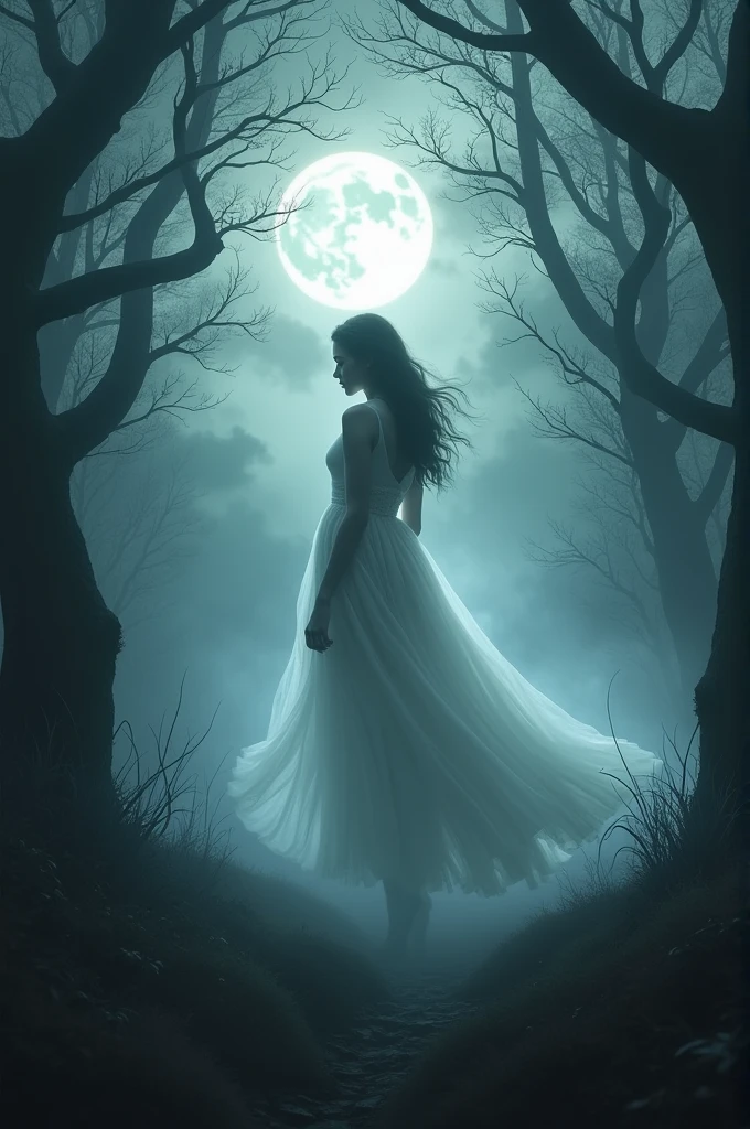 The ghostly silhouette of a woman in a white dress hovers in the spooky forest