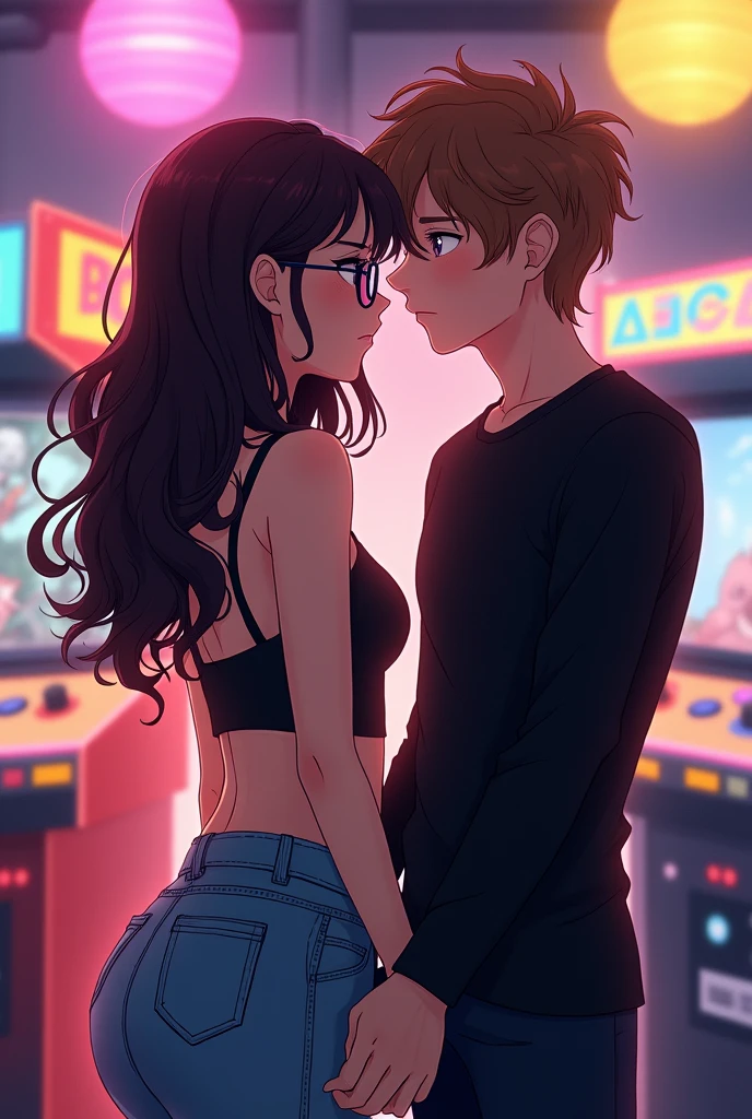 Anime style, arcade friendly date NO touching
, girl with long and  slightly curly dark brown hair and glasses,her clothes are a bit revealing her breasts but wears baggy jeans and the boy has light brown hair and wear an all black outfit while his shirt is tight 
