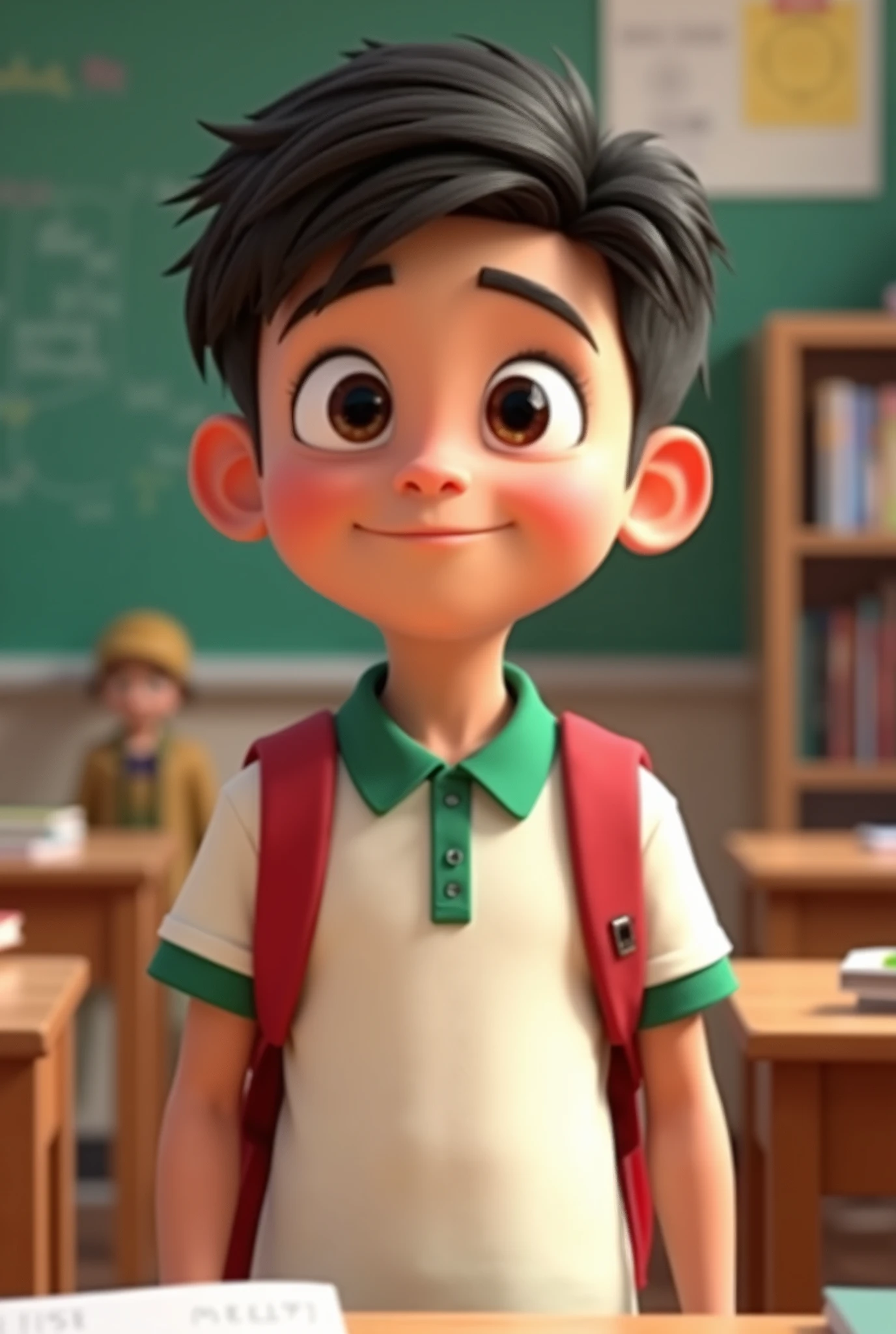 boy with black slanted eyes, by lacio PiXAR 3D style, white polo shirt with green collar and green sleeves school background standing with red backpack studying literature