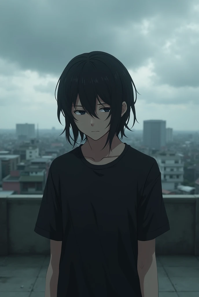 Boy with depression、Japanese、Long Hair、Black T-shirt、Look down、Real、rooftop、Cloudy