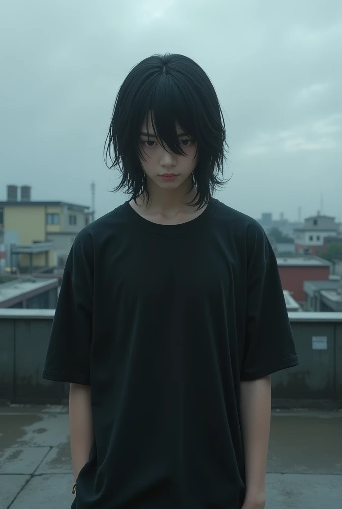 Boy with depression、Japanese、Long Hair、Black T-shirt、Look down、Real、rooftop、Cloudy