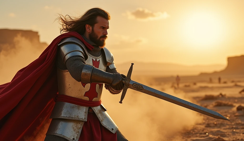 (masterpiece, best quality, ultra-detailed, photorealistic:1.4), (epic lighting, dynamic pose, cinematic:1.3), (focused on the hero), mid-length hair, well-groomed beard, (wearing a Templar knight armor with a red cross), (holding a sword with both hands, about to strike downward with a powerful vertical swing), (intense expression of determination on his face), (dust and debris around, adding dramatic effect), (dynamic wind blowing through his hair and cape), (sunset lighting casting long shadows on the battlefield), (highly detailed textures on the armor, showing scratches and battle damage), (background: barren desert battlefield, with scattered armor and weapons, slightly blurred to keep focus on the hero)