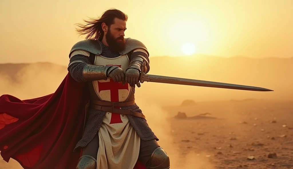 (masterpiece, best quality, ultra-detailed, photorealistic:1.4), (epic lighting, dynamic pose, cinematic:1.3), (focused on the hero), mid-length hair, well-groomed beard, (wearing a Templar knight armor with a red cross), (holding a sword with both hands, about to strike downward with a powerful vertical swing), (intense expression of determination on his face), (dust and debris around, adding dramatic effect), (dynamic wind blowing through his hair and cape), (sunset lighting casting long shadows on the battlefield), (highly detailed textures on the armor, showing scratches and battle damage), (background: barren desert battlefield, with scattered armor and weapons, slightly blurred to keep focus on the hero)