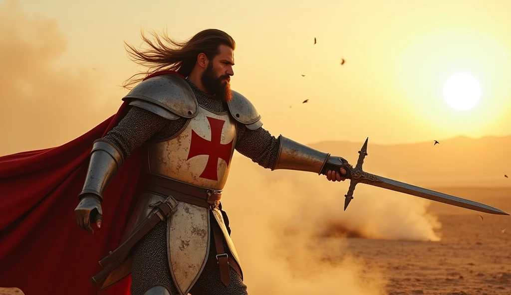 (masterpiece, best quality, ultra-detailed, photorealistic:1.4), (epic lighting, dynamic pose, cinematic:1.3), (focused on the hero), mid-length hair, well-groomed beard, (wearing a Templar knight armor with a red cross), (holding a sword with both hands, about to strike downward with a powerful vertical swing), (intense expression of determination on his face), (dust and debris around, adding dramatic effect), (dynamic wind blowing through his hair and cape), (sunset lighting casting long shadows on the battlefield), (highly detailed textures on the armor, showing scratches and battle damage), (background: barren desert battlefield, with scattered armor and weapons, slightly blurred to keep focus on the hero)