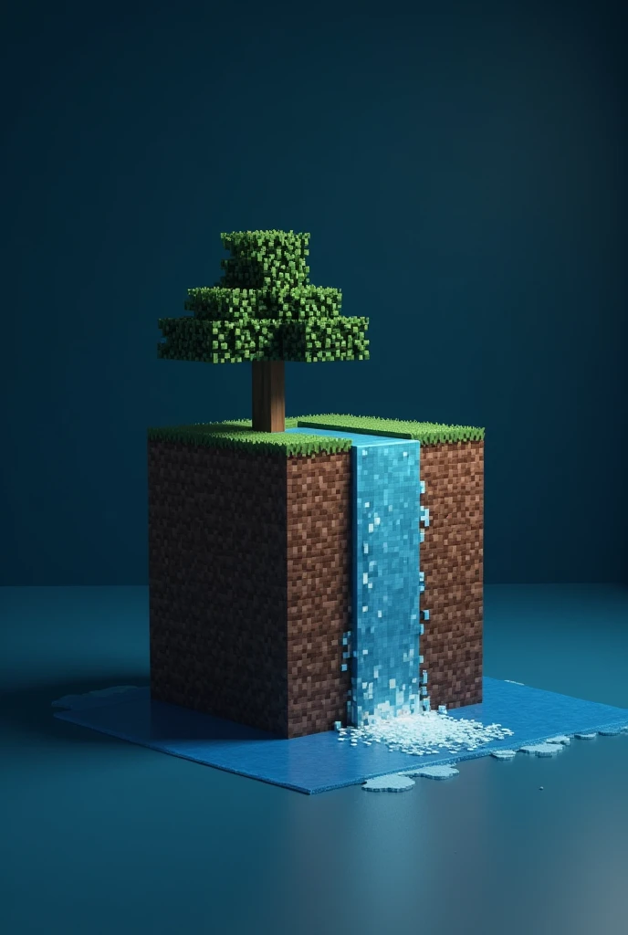 create an image of a minecraft block with a waterfall falling into the void, with a dark blue background and a tree