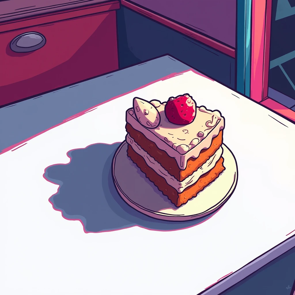 Black shadow of a delicious cake, cartoon, Vice City GTA, white table background