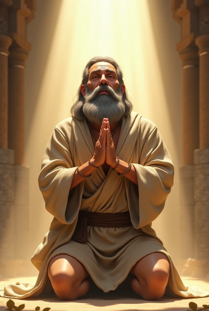 STRONG SLIM MAN WITH LONG UNCUT GRAY BEARD, GRAY HAIR, DOWN TO HIS SHOULDERS, BROWN EYES, SUN TAN SKIN, DRESSED IN BEIGE LINEN TUNICS COVERING HIS WHOLE BODY, SIMPLE BROWN LEATHER SANDALS, HE IS KNEELING PROSTRATE EXPRESSING REVERENCE, DOING A PRAYER WITH THE PALM OF YOUR HANDS TOGETHER.
A LIGHT FROM ABOVE WAS OVER HIM, 3D PIXAR CARTOON STYLE, CINEMATIC, WORK OF ART, DRAMATIC,DYNAMIC VIEW, WHOLE BODY.