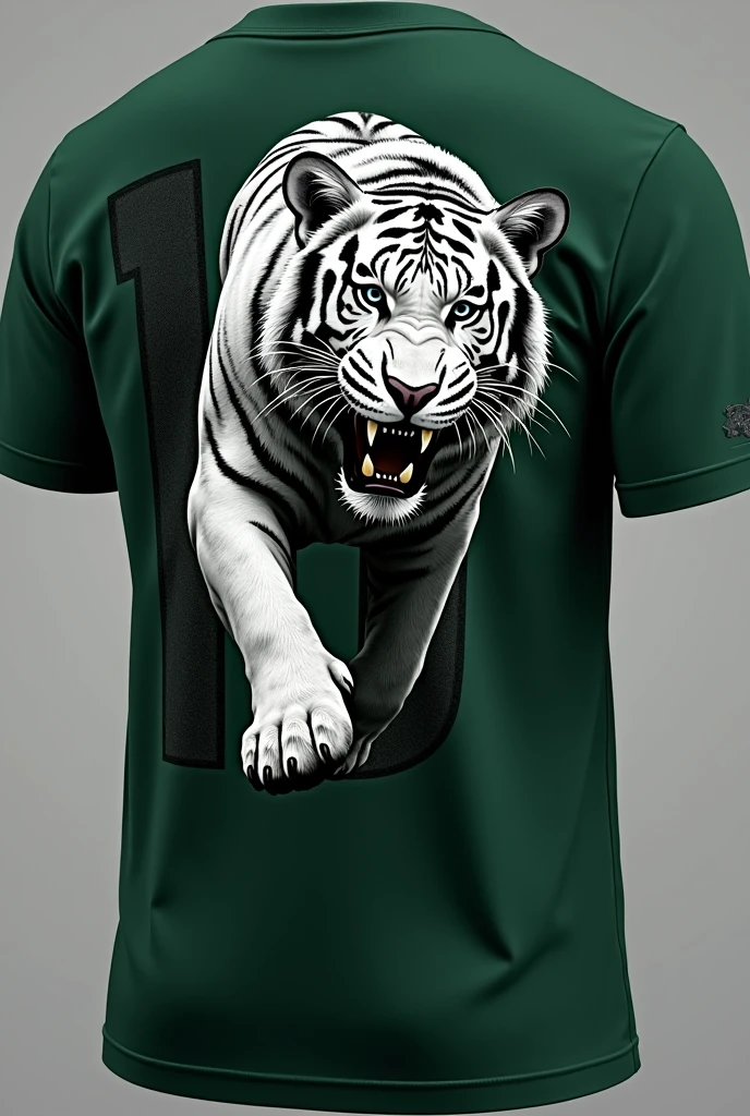 Generate a front and back shirt design, for an interclass, that is dark green with black and white details, on the front there should be a white tiger and on the back there should be the number 10 and the name Sarah underneath