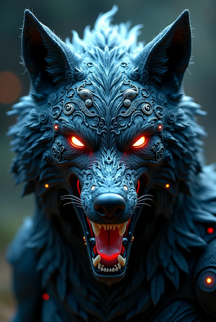 text "MOROKO", Create an intricate werewolf that combines several unique elements. The face features the ferocious snarl of a werewolf, integrated with brilliant bioluminescent tribal patterns that glow in the dark. Mechanical gears and cogwheels are subtly incorporated into the design, giving it a steampunk aesthetic. Nature themes are present with delicate vines and leaves weaving through the design, adding an organic touch. Gothic ornate filigree enhances the edges, creating an antique and haunting look. The mask also includes cyberpunk LED lights and holographic displays, giving it a sleek and futuristic look. Additionally, celestial themes with star and moon patterns are subtly engraved, representing a cosmic influence. This animal is a perfect combination of primary, mystical and technological elements.