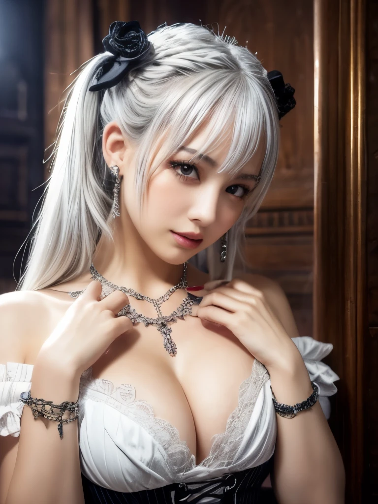 high quality, High definition,Detailed, A girl with silver hair and twin tails poses cutely. They are dressed in vintage gothic clothing, Putting on a bracelet, Earrings and Necklaces. I can see big things. The photo is a close-up of the face, Soft skin texture, Cleavage, Shining Breasts, Sweat in cleavage, Soft and attractive lips, Sexy vibe.