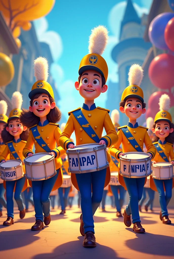 A marching band with several people and them in a row with the drum instruments in their hands playing, and their clothes are yellow with dark blue and the name FANPAF in the image, and the image in the form of a Disney drawing 